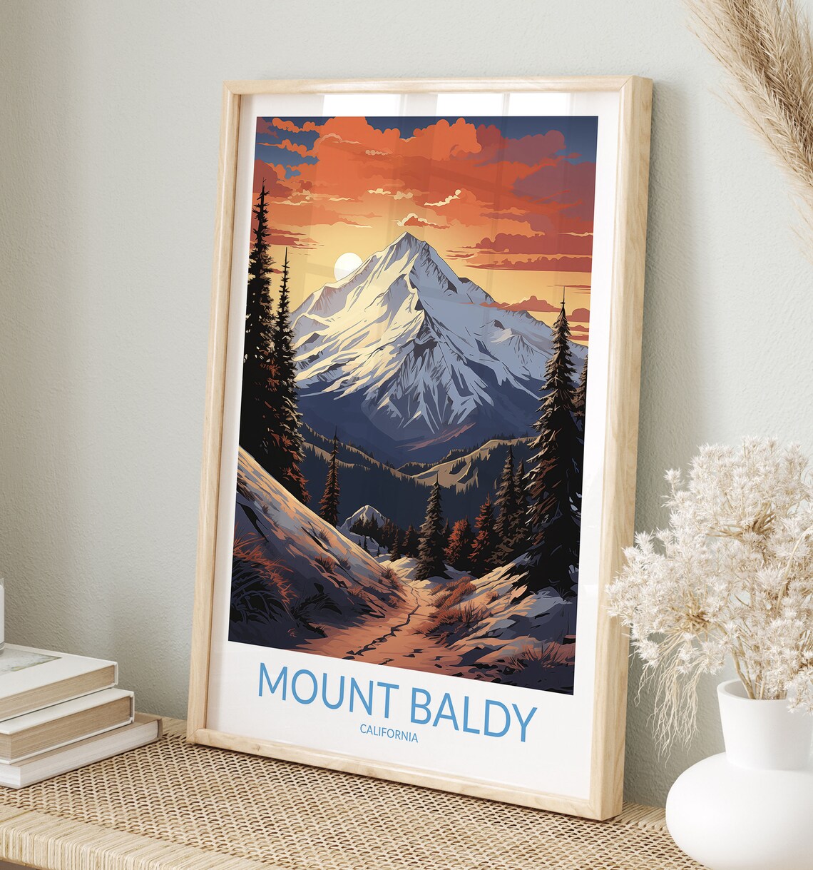 Mount Baldy California Snowy Peak Sunset Hiking Trail Travel Poster