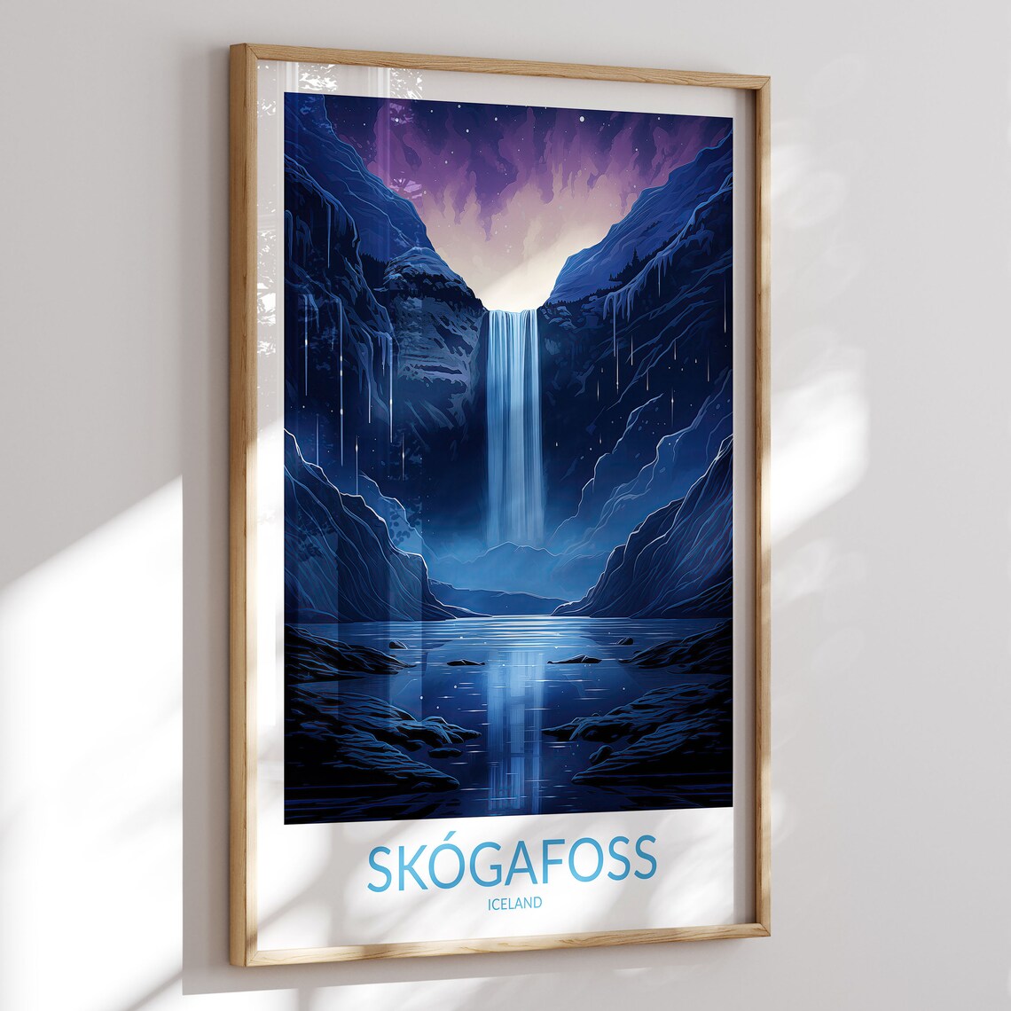 Skogafoss Iceland Night Waterfall and Aurora Vintage Travel Poster