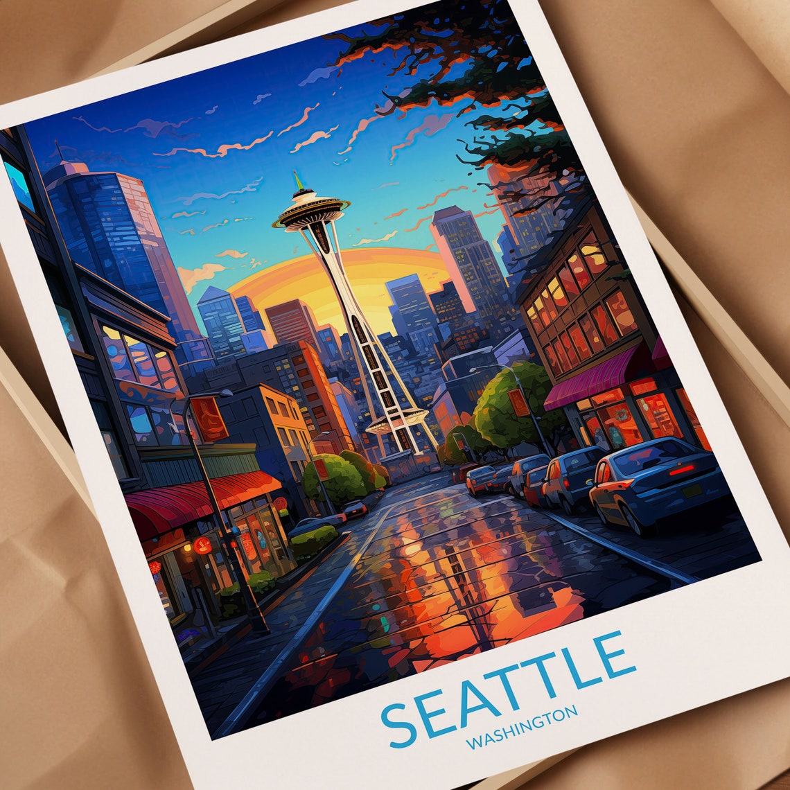 Seattle Washington Space Needle Sunset Cityscape Travel Poster - Image 3