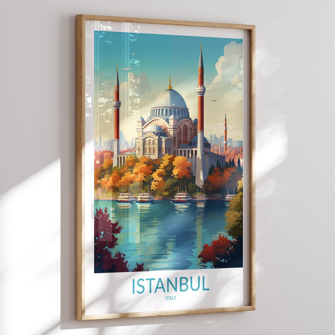Istanbul Historic Mosque Autumn Waterfront Golden Scene Travel Poster