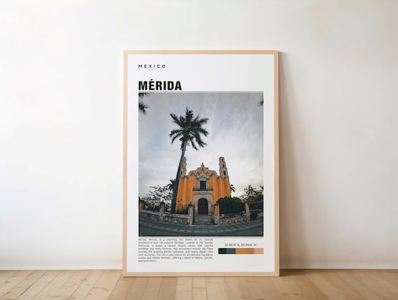 Merida Mexico Travel Poster with Colonial Church and Towering Palm