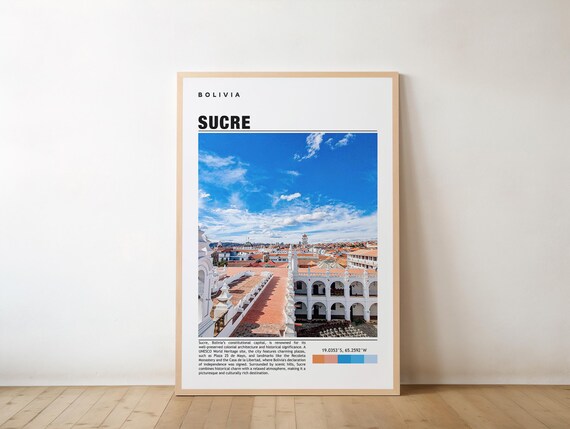 Sucre Bolivia White Colonial City Rooftops UNESCO Travel Poster