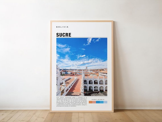 Sucre Print Bolivia Poster Colonial City Travel Art White Facades Cultural Charm Historic Streets Scenic Beauty Mountain Views