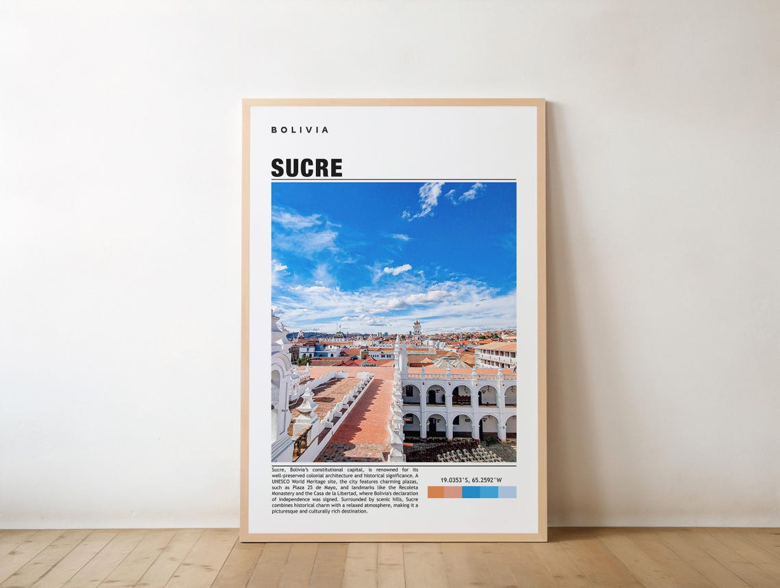 Sucre Bolivia White Colonial City Rooftops UNESCO Travel Poster