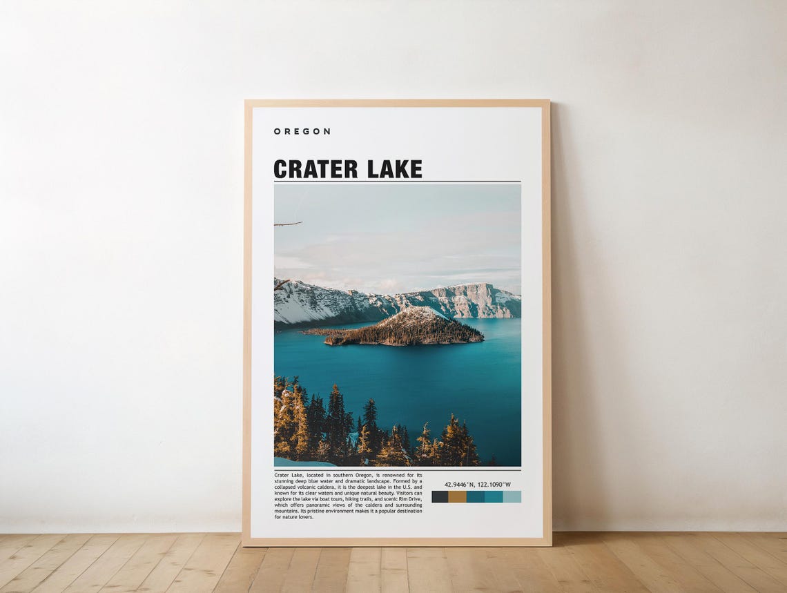 Crater Lake Oregon Deep Blue Water Volcano Rim Travel Poster