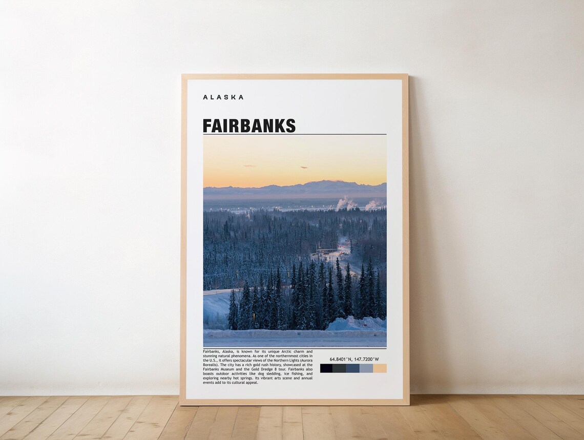 Fairbanks Alaska Travel Poster with a Snowy Forest at Twilight