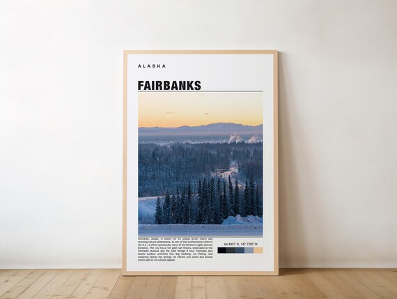 Fairbanks Alaska Travel Poster with a Snowy Forest at Twilight
