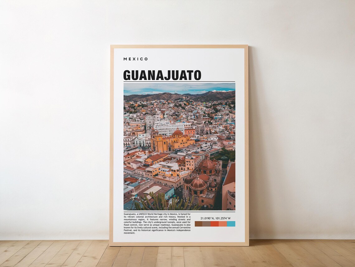 Guanajuato Mexico Colorful Colonial Cityscape Hills UNESCO Travel Poster