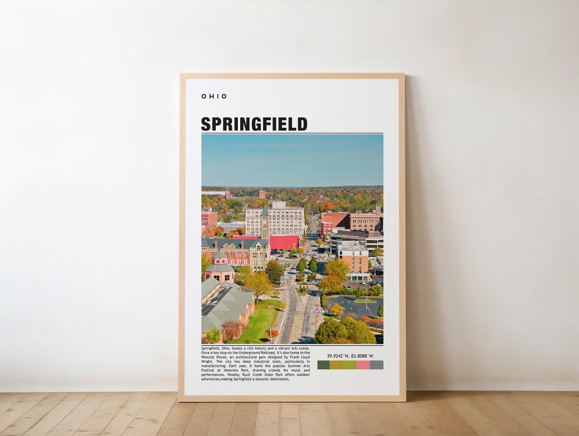 Springfield Ohio Travel Poster with Aerial Downtown Cityscape