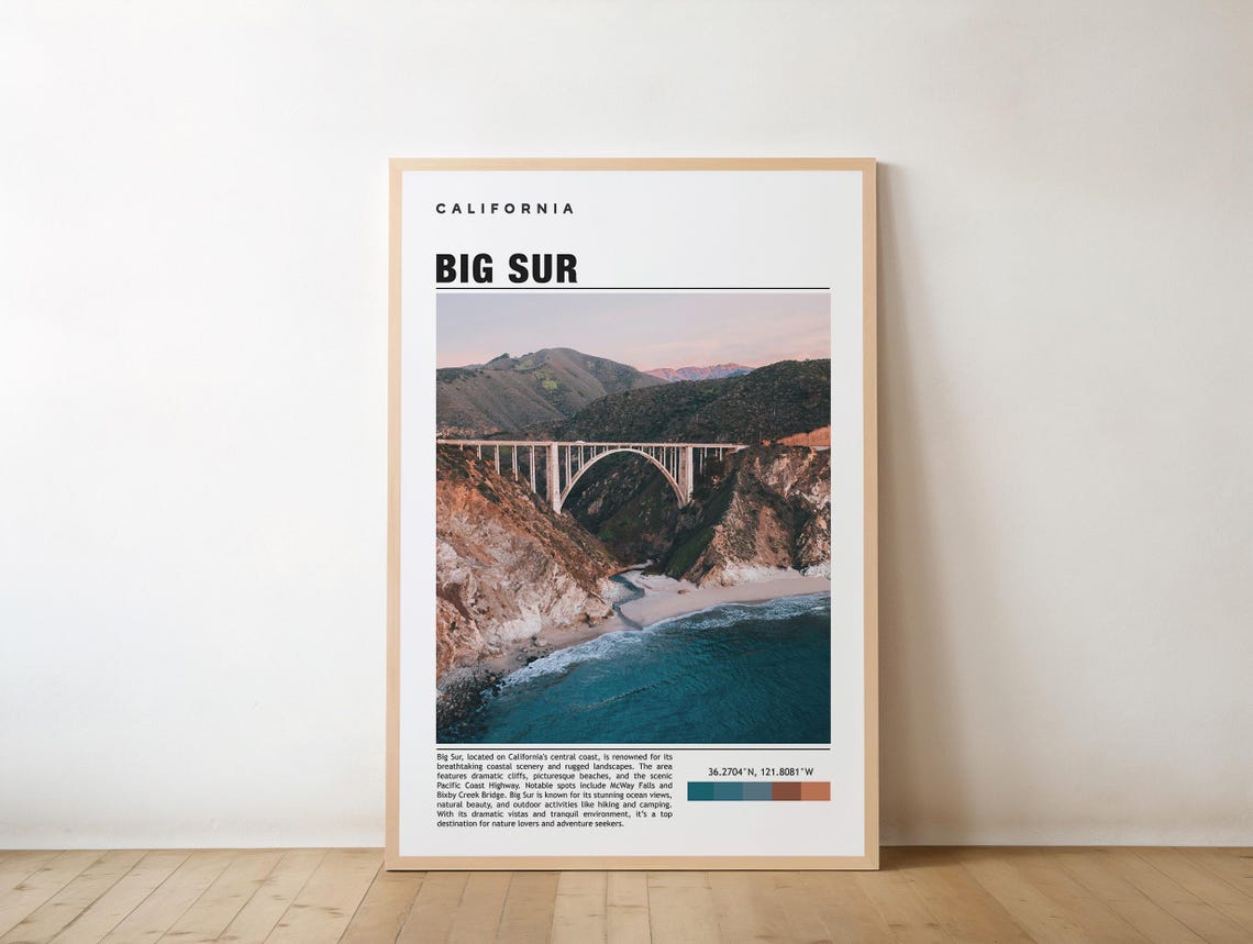 Big Sur California Travel Poster with Bixby Bridge Aerial Coastal View