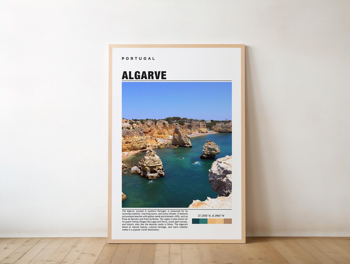 Algarve Portugal Golden Sea Cliffs Turquoise Beach Cove Travel Poster