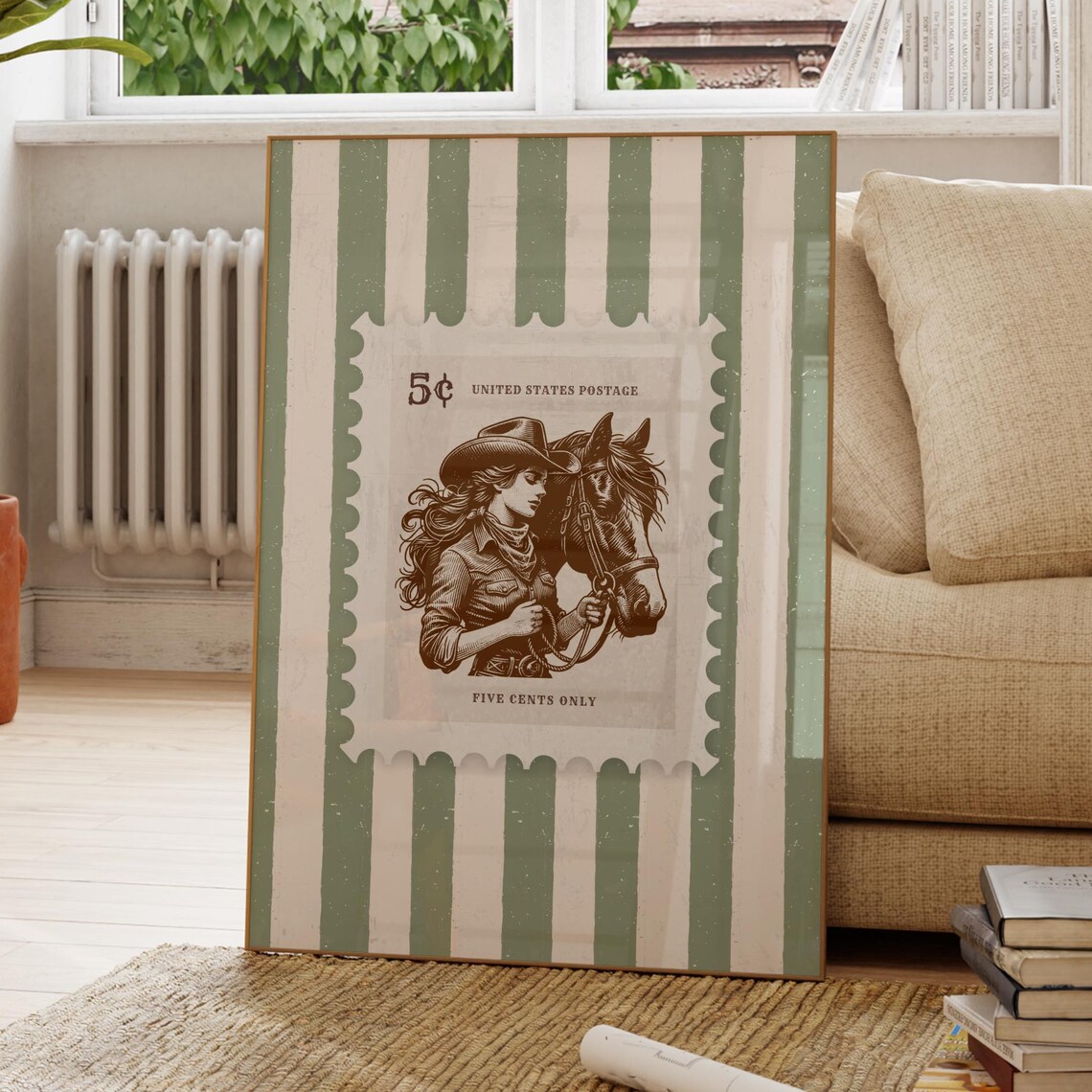 Cowgirl and Horse Vintage Postage Stamp Green Striped Art Poster