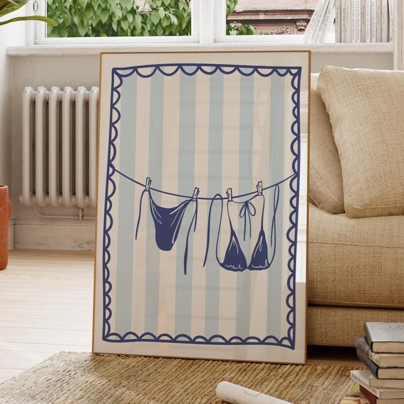 Navy Bikini Clothesline Coastal Art Poster for Beach House Decor