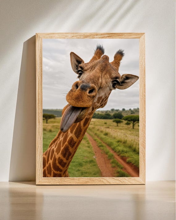Funny Giraffe Wall Art Silly Animal Poster With Tongue Out Quirky Wildlife Print Cool Decor