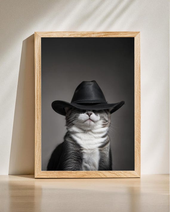 Funny Cat Wall Art Cowboy Portrait Western Print Country Black Hat