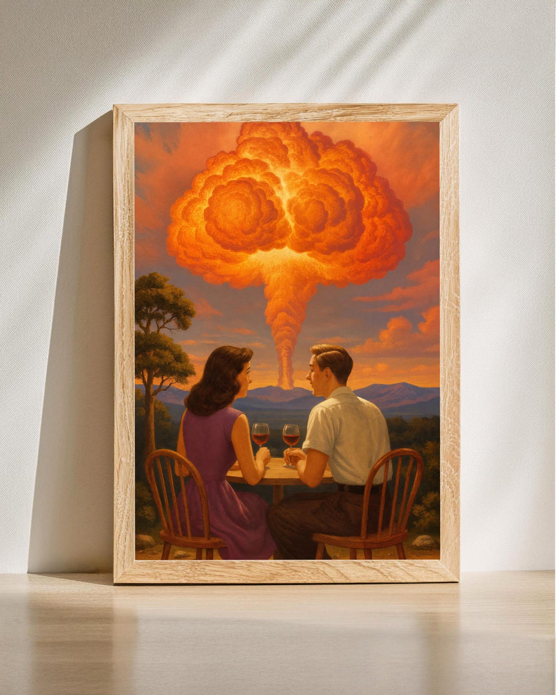 Couple Sharing Wine Under Mushroom Cloud Dark Humor Art Poster