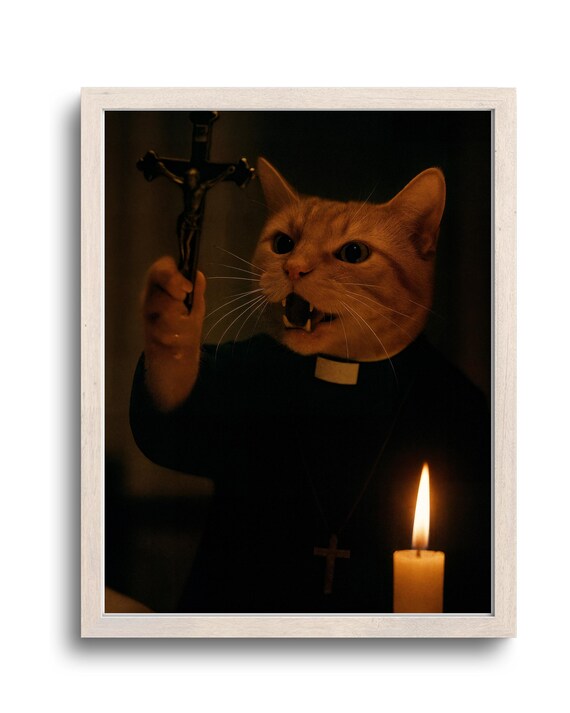 Funny Orange Cat Priest Holding Crucifix Halloween Horror Poster