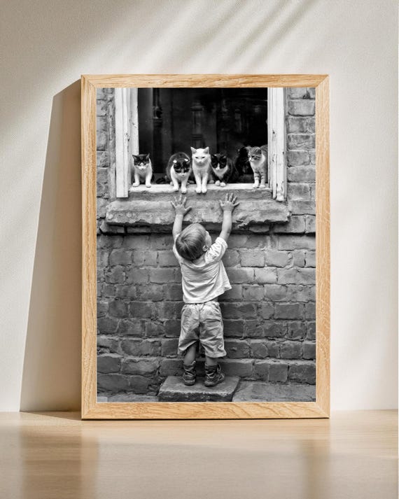 Child and Cats Vintage Black White Photo Print