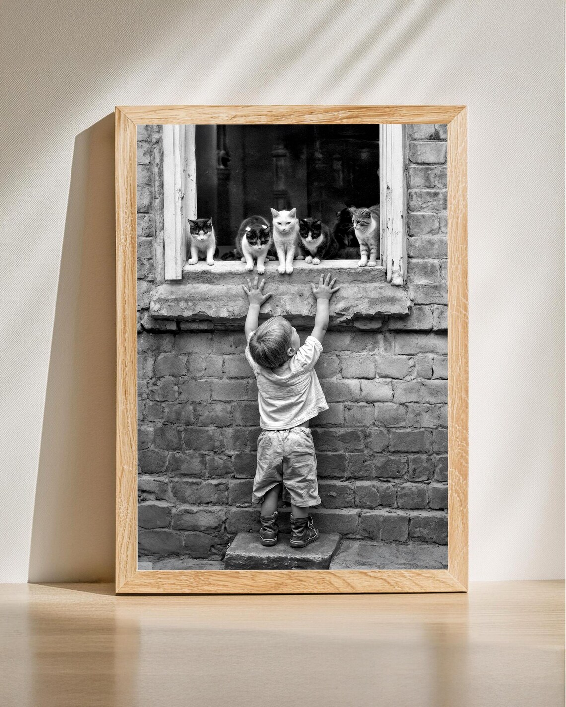 Child and Cats Vintage Black White Photo Print
