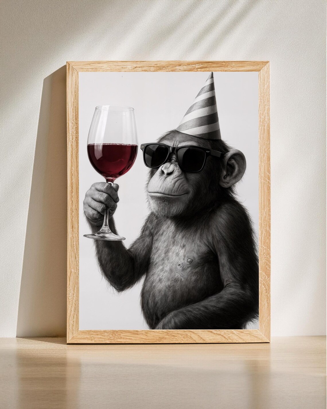 Cool Chimpanzee Party Hat Sunglasses Wine Glass Fun Art Poster