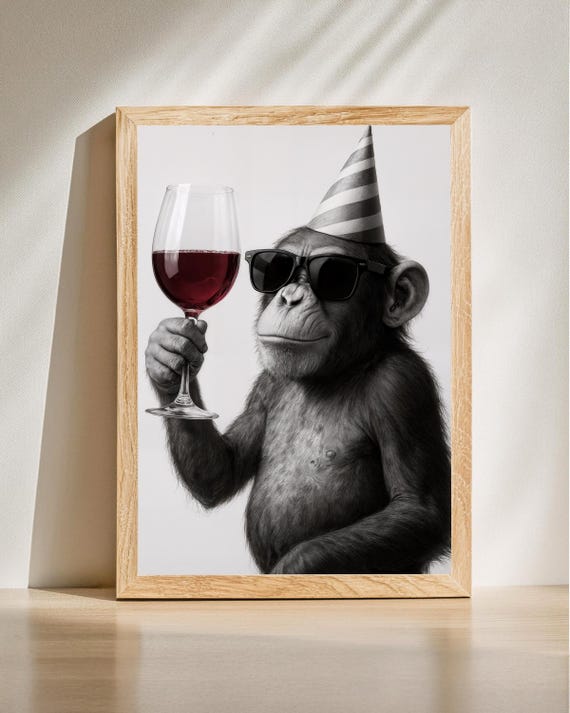 Chimpanzee Wine Glass Poster Cool Wall Art Funny Kitchen Home Bar Decor