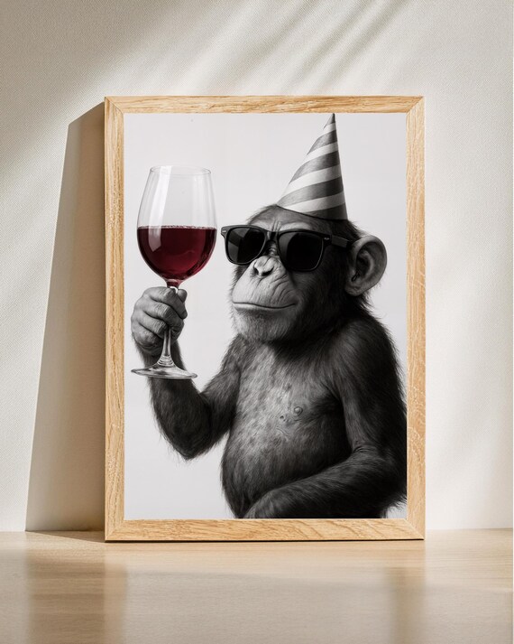Cool Chimpanzee Party Hat Sunglasses Wine Glass Fun Art Poster