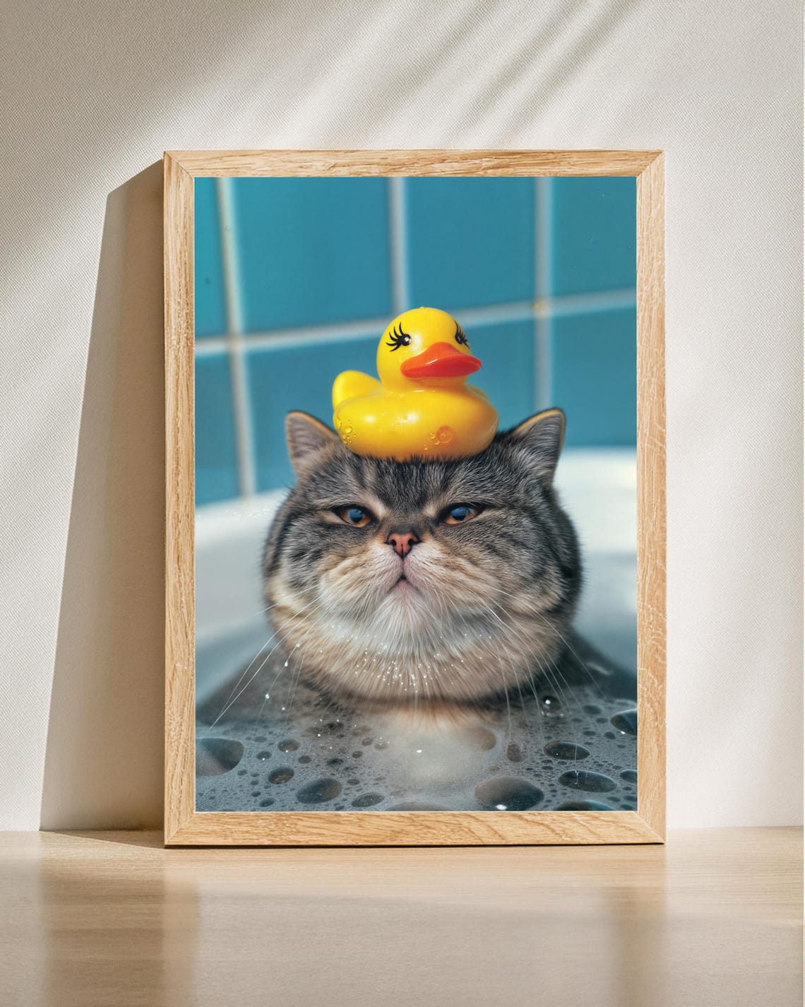 Grumpy Cat Bubble Bath With Rubber Duck on Head Bathroom Poster