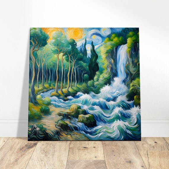 Emerald Waterfall Cascading Forest Rapids Van Gogh Style Art Poster