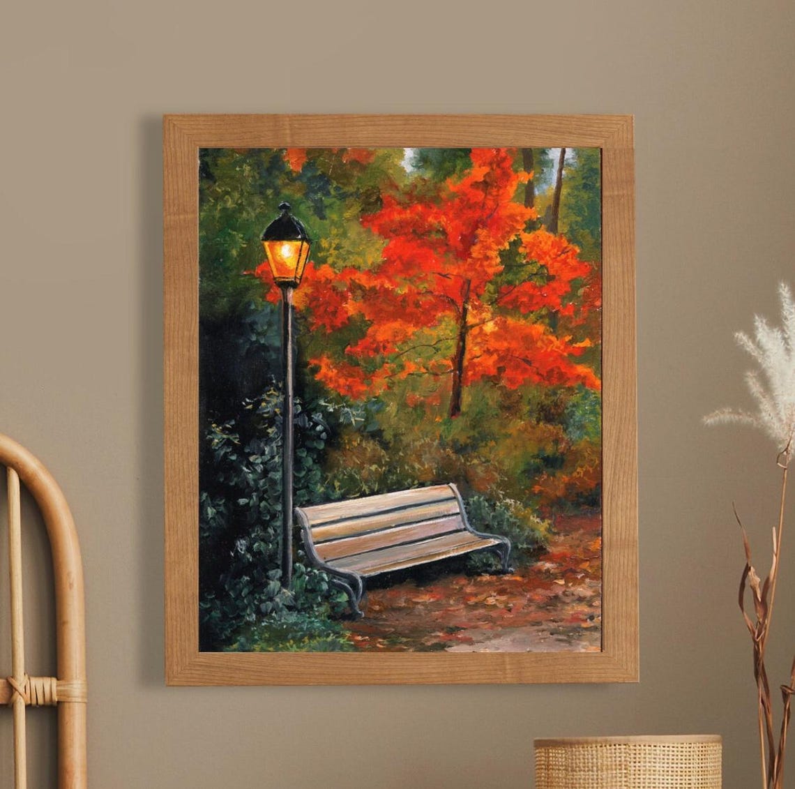 Autumn Park Bench Glowing Lamppost Red Maple Dusk Oil Painting Poster