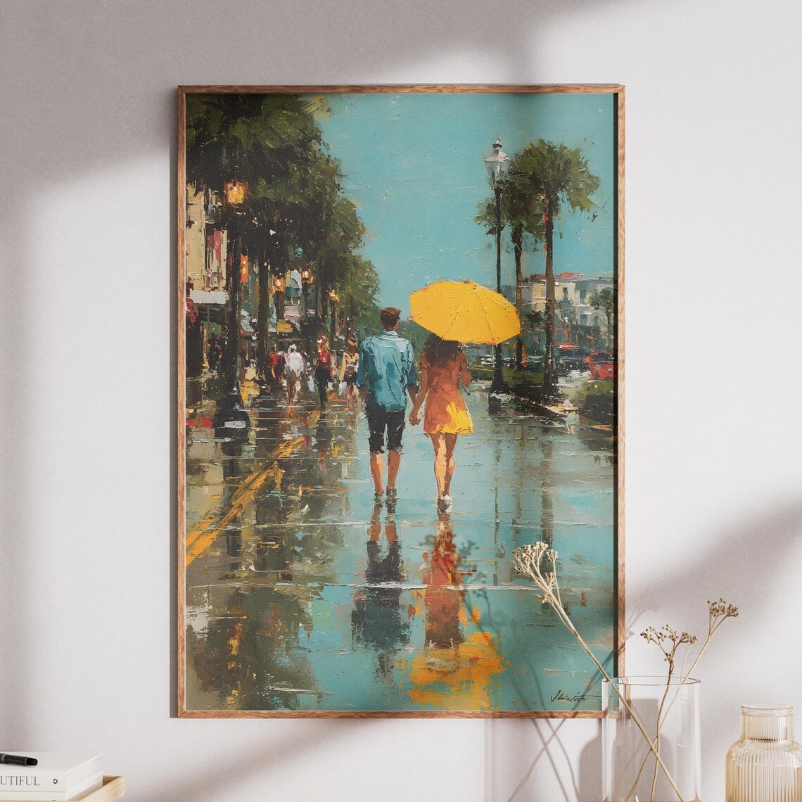 Couple With Yellow Umbrella on Rainy Street Romance Art Poster