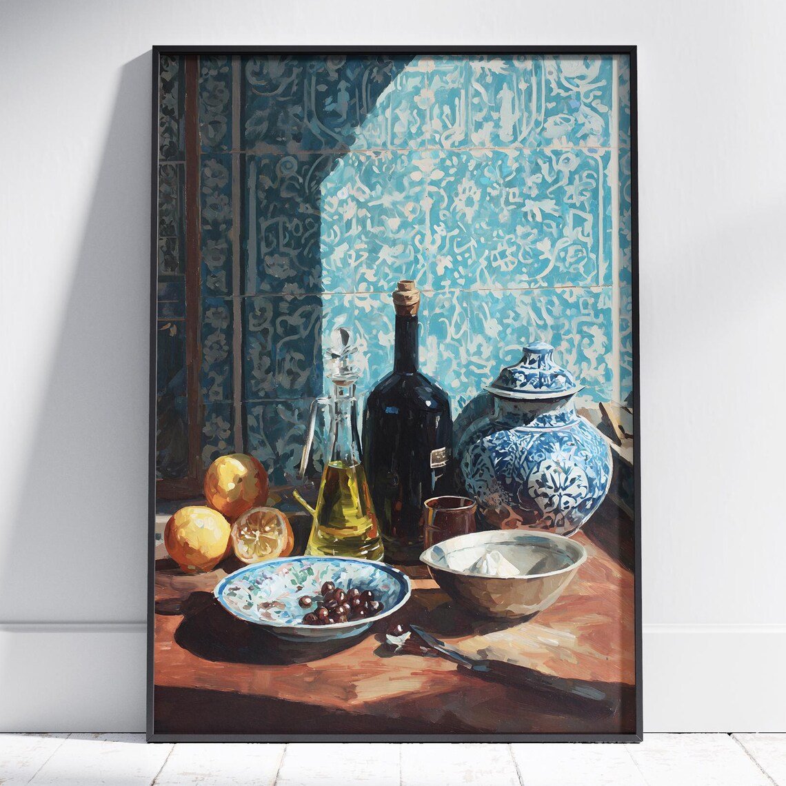 Mediterranean Still Life Blue Tiles Lemons Olive Oil Art Poster