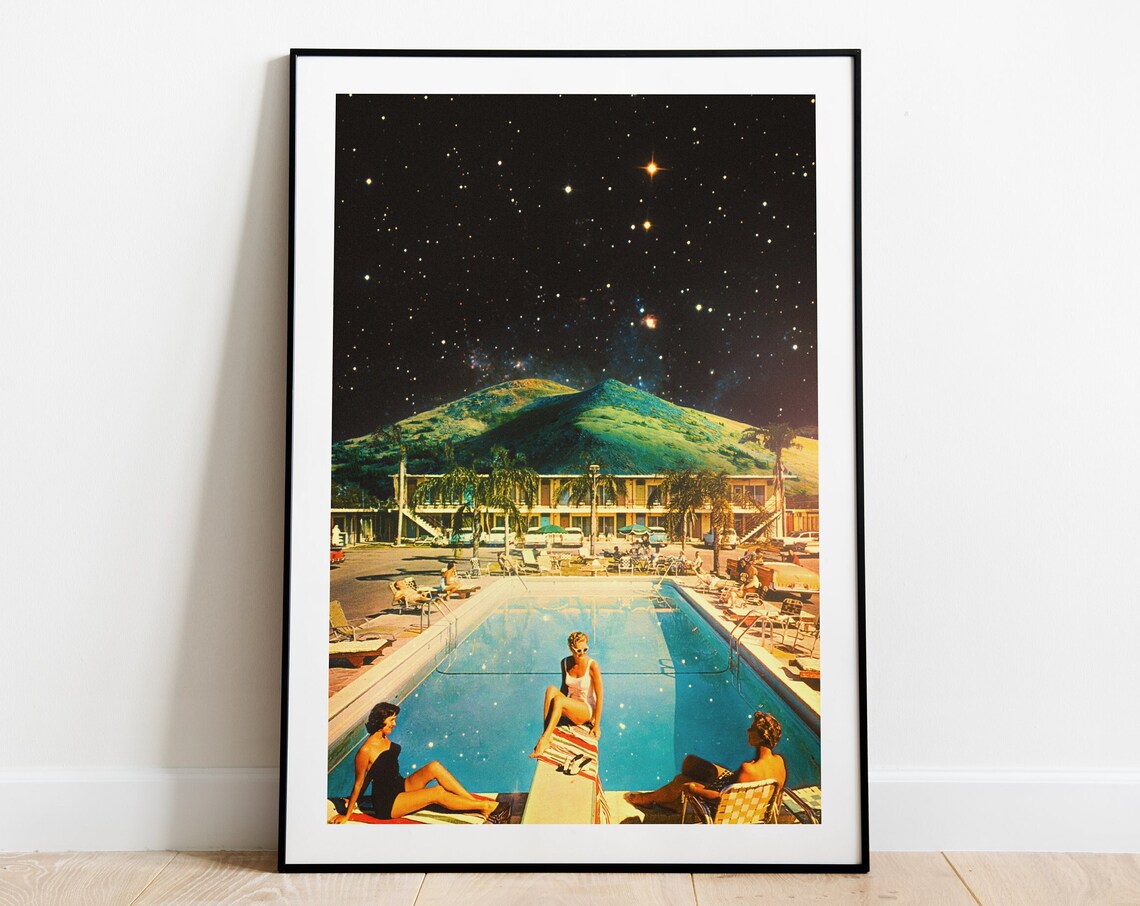 Space Pool Retro Futurism Art Print, Vintage Collage