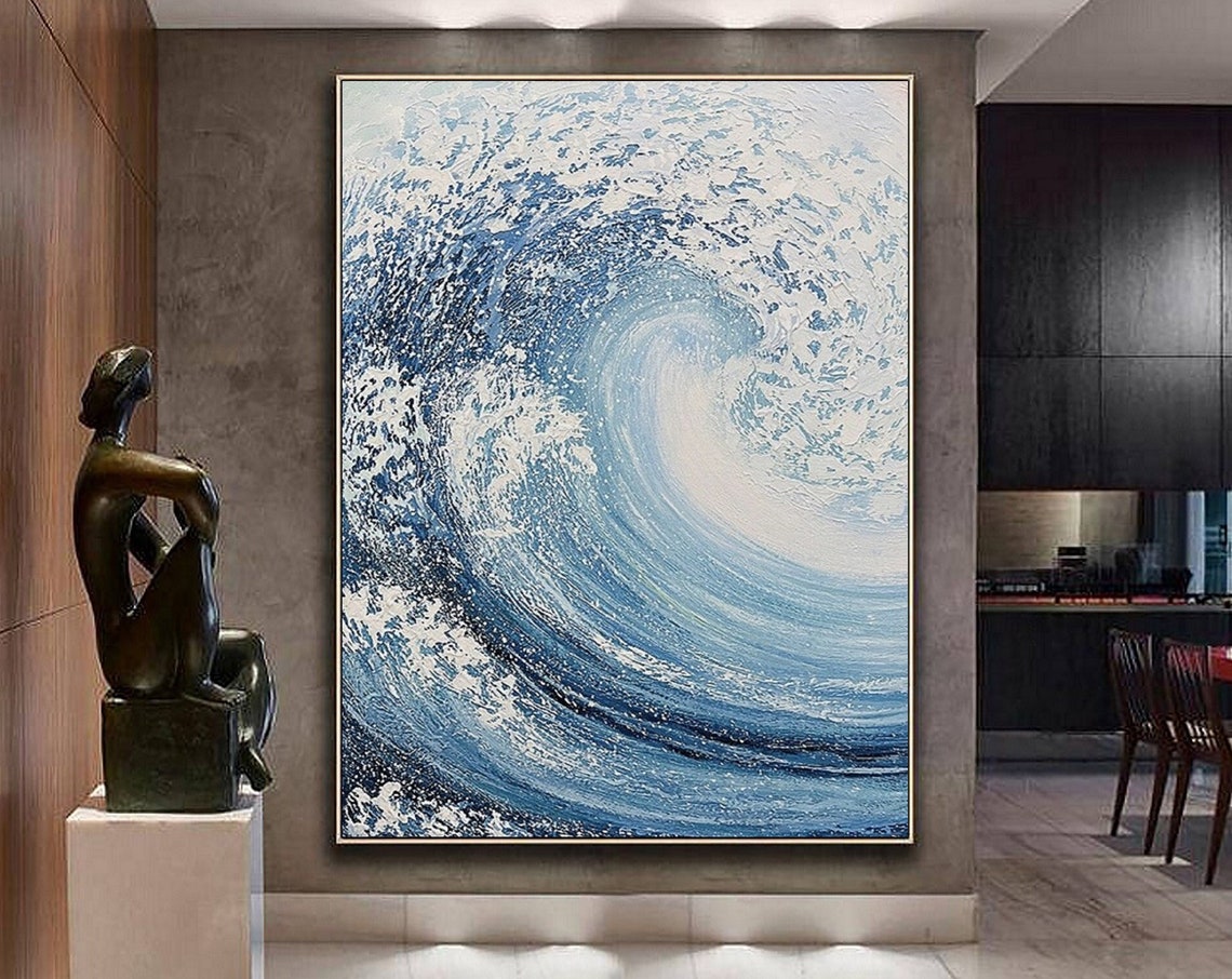 Curling Blue Ocean Wave Painted in Thick Textured Oil Poster
