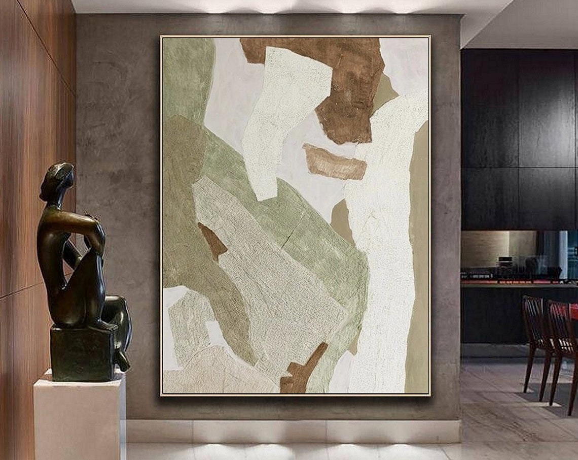 Abstract Sage Green Cream and Brown Patchwork Shape Painting Poster