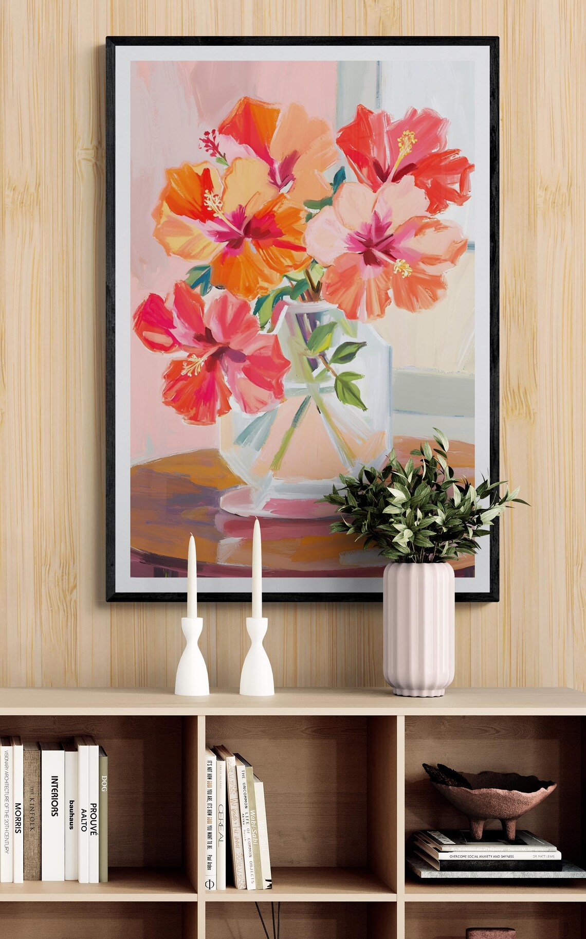 Coral Hibiscus In Glass Vase Sunlit Still Life Tropical Floral Art Poster - Image 4