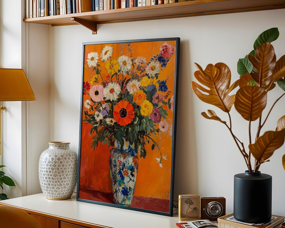 Vibrant Daisy Poppies Bouquet Orange Ground Impressionist Floral Poster - Image 3