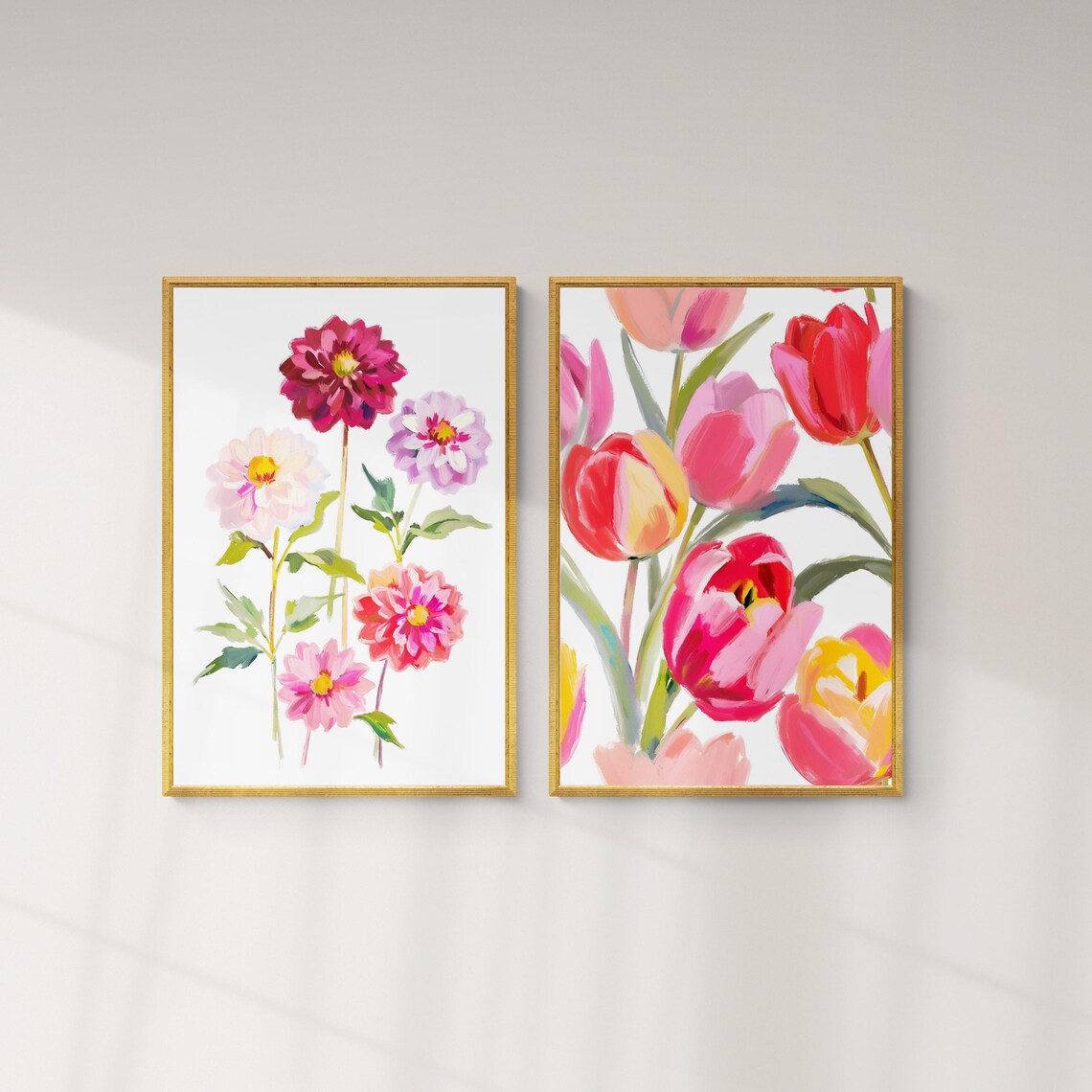 Pink Red Yellow Tulips White Background Bold Floral Painting Wall Art Poster - Image 4