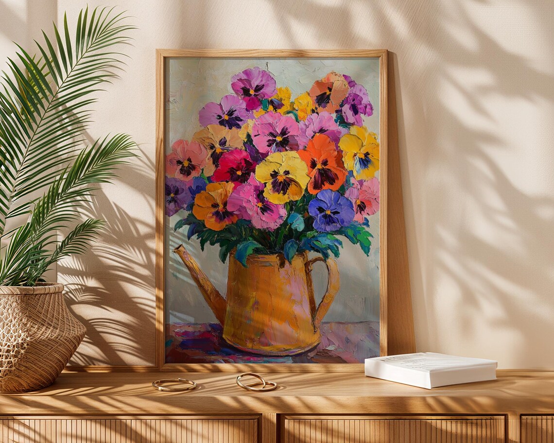 Rainbow Pansies Golden Watering Can Impressionist Floral Art Poster - Image 4