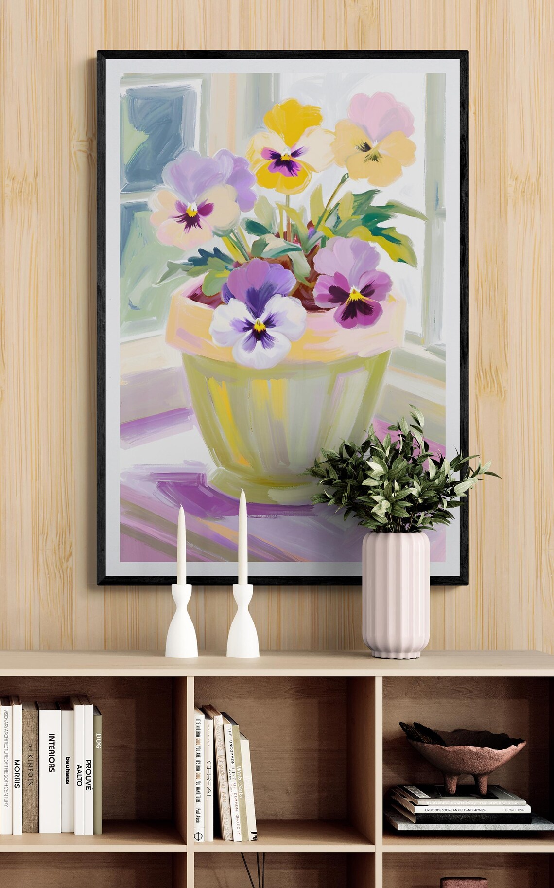 Potted Purple Yellow Pansies Sunlit Window Green Pot Floral Art Poster Print - Image 4