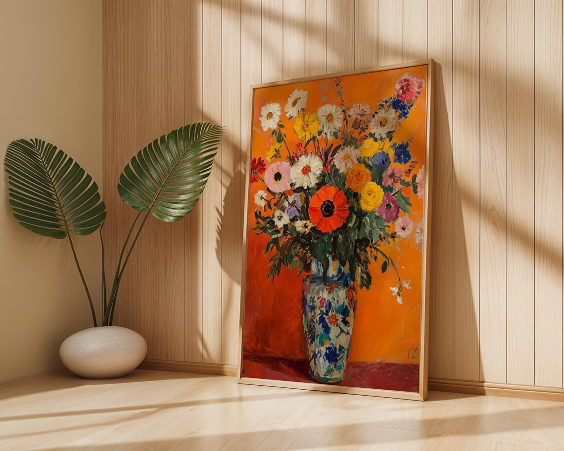 Vibrant Daisy Poppies Bouquet Orange Ground Impressionist Floral Poster - Image 4