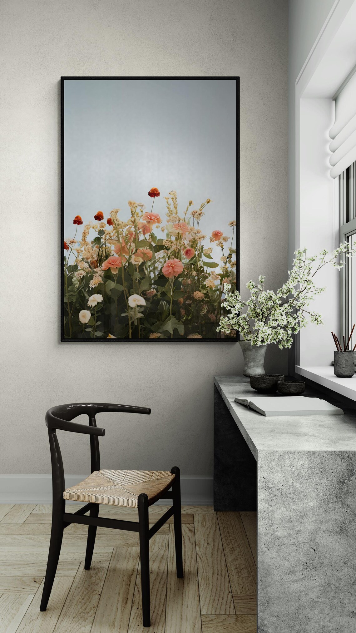 Wildflower Meadow Blooms Against Pale Sky Minimalist Floral Art Poster - Image 3