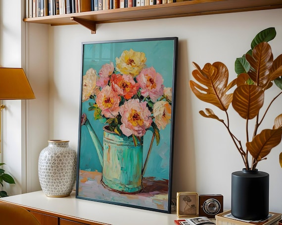 Pink Rose Blooms Teal Watering Can Turquoise Still Life Art Poster