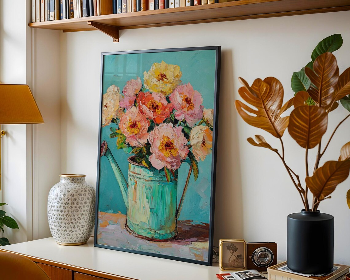 Pink Rose Blooms Teal Watering Can Turquoise Still Life Art Poster