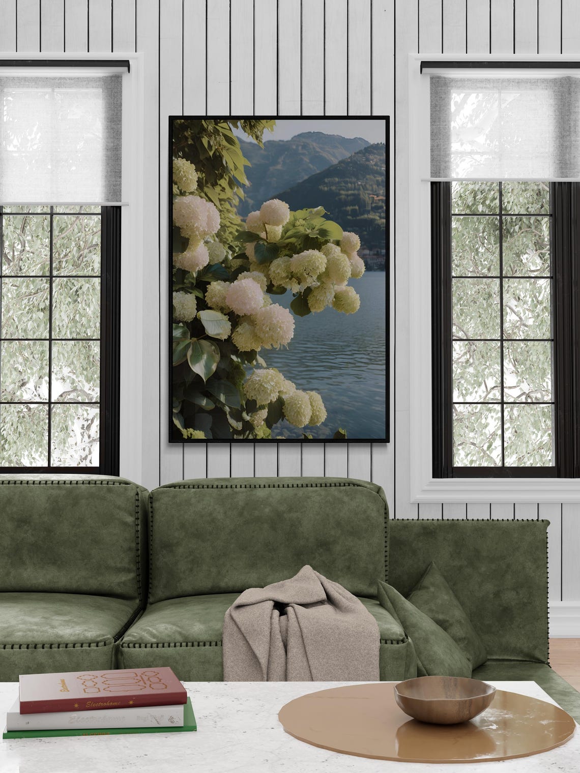 Lake Como Italy Hydrangea Blooms Lakeside Mountain View Travel Poster - Image 3
