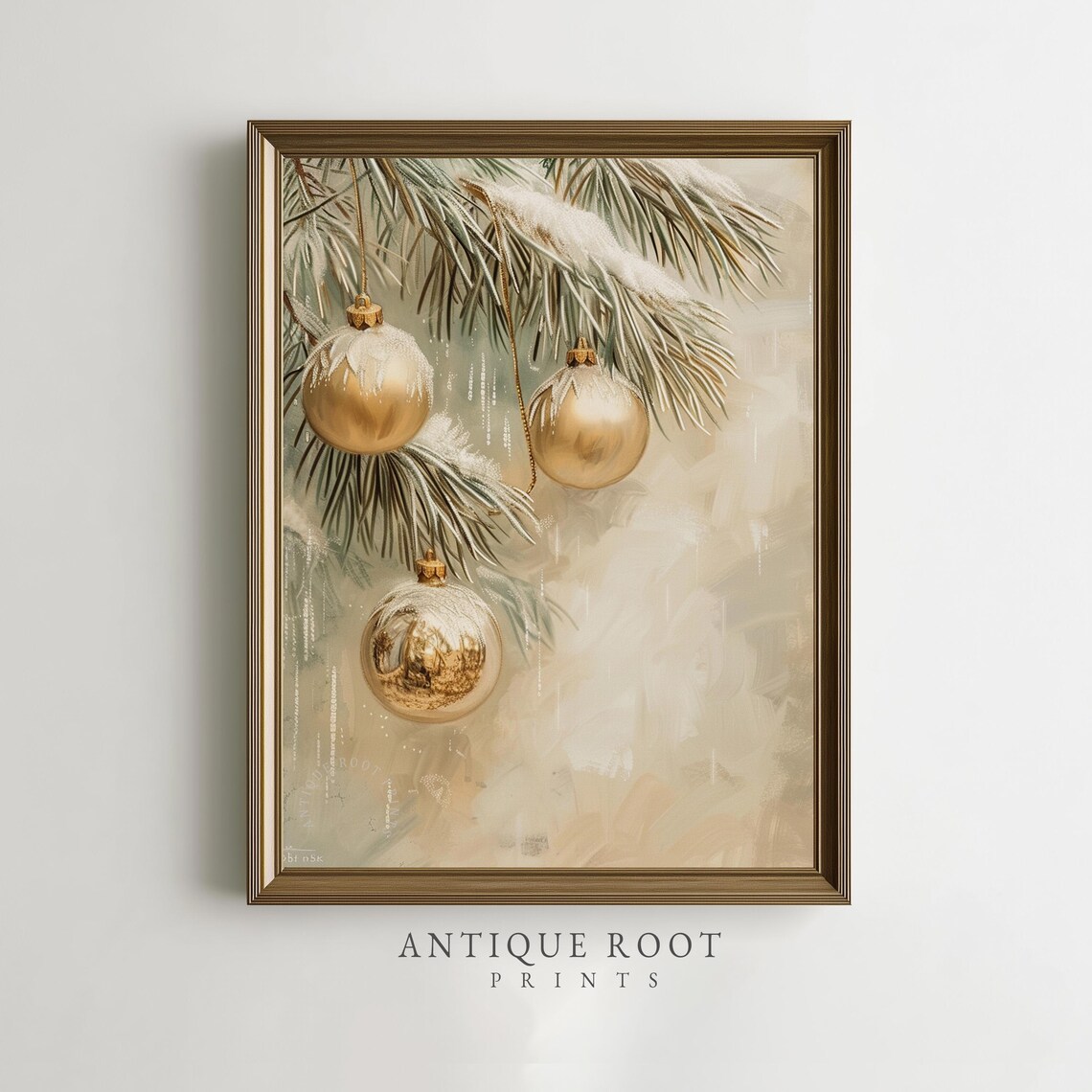 Gold Christmas Ornaments Snowy Pine Branch Elegant Holiday Painting Poster