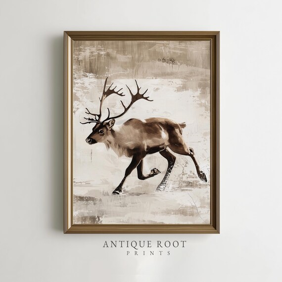 Running Reindeer in Fresh Snow Sepia Winter Wildlife Art Poster