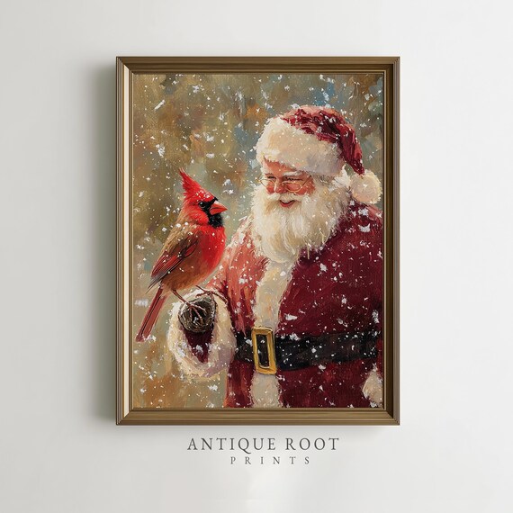 Santa Claus With Red Cardinal Bird Snowy Winter Vintage Christmas Print