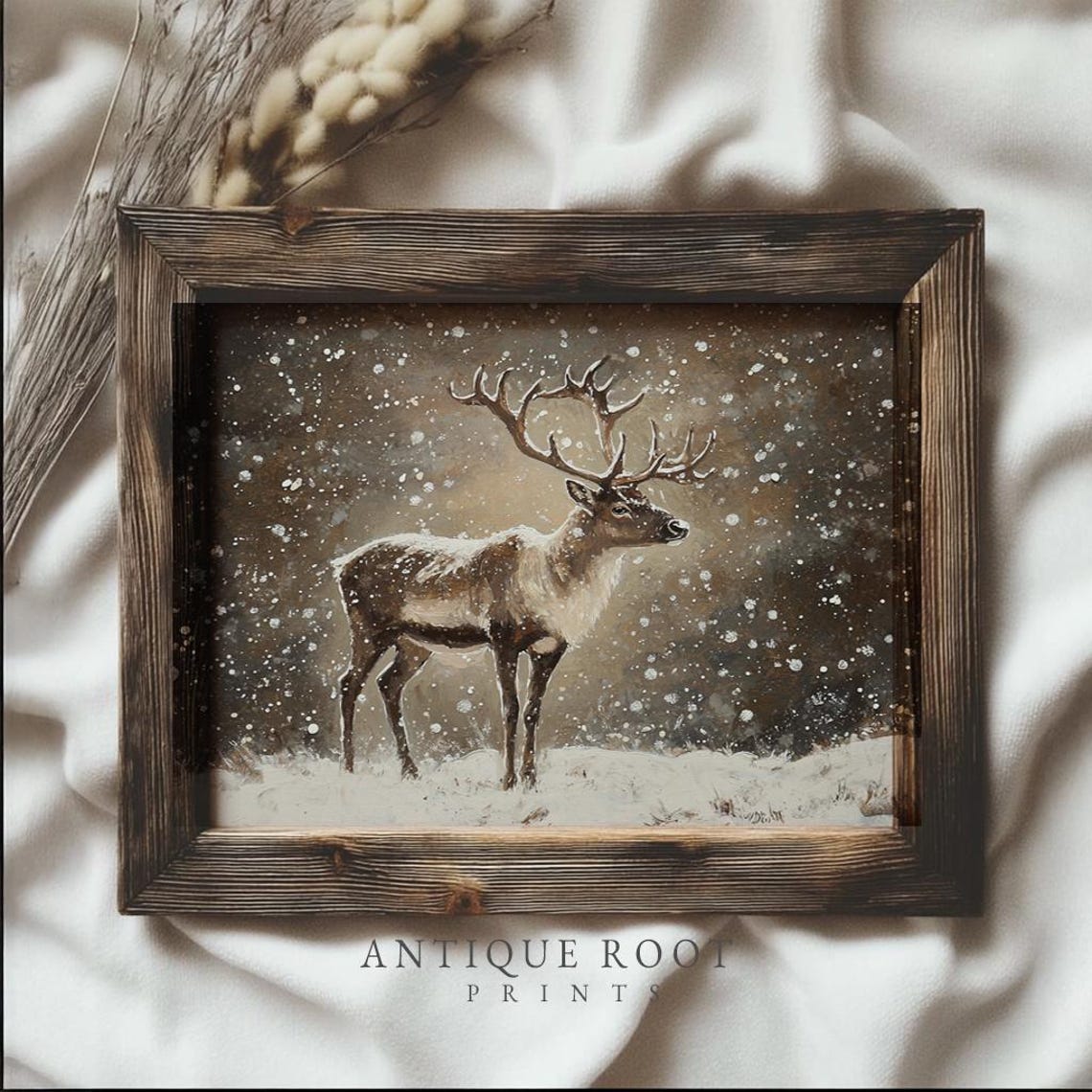 Stag Standing Snowfall Winter Wildlife Rustic Painting Poster