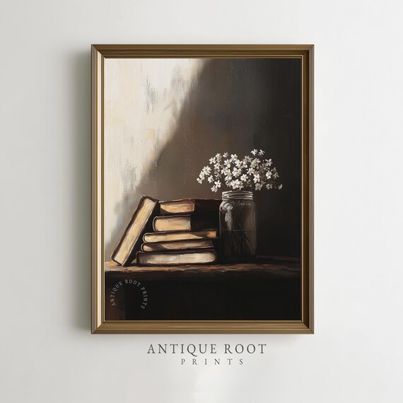 Vintage Spring Still Life Art Floral Books Rustic Farmhouse Decor Moody Neutral Wall Instant