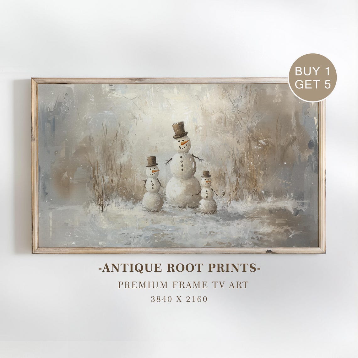 Three Snowmen Winter Field Vintage Impressionist Holiday Poster